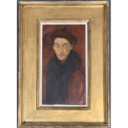 383 - Early 20th century French, oil on board, portrait of a lady, 40x21cm