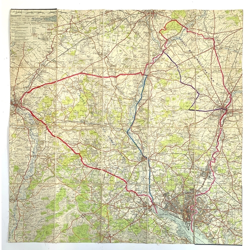 128 - A linen backed folding map of the Hursley Hunt, double sided, printed by Sifton Praed & Co, 68x32cm;... 