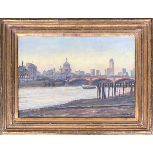 394 - Julian Barrow (1939-2013), 'Bankside-Dusk', oil on canvas, label for Fine Art Society PLC, exhibited... 