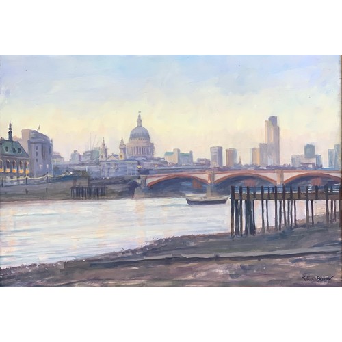 394 - Julian Barrow (1939-2013), 'Bankside-Dusk', oil on canvas, label for Fine Art Society PLC, exhibited... 