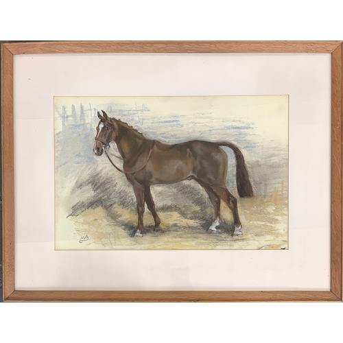 278 - A pastel study of a hunter with bridle, signed indistinctly signed, bears label for Frost & Reed to ... 