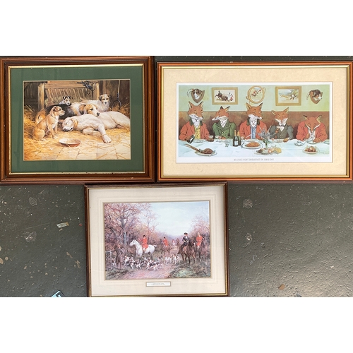 281 - Three hunting related prints: 'Mr Fox's Hunt Breakfast on Xmas Day', 30x58cm; hounds and terriers in... 