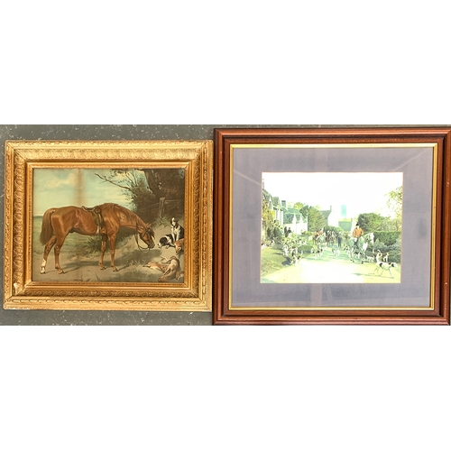 281 - Three hunting related prints: 'Mr Fox's Hunt Breakfast on Xmas Day', 30x58cm; hounds and terriers in... 