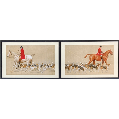 283 - After Cecil Aldin, two colour prints of hounds on their way to a meet, each 33x58cm (2)