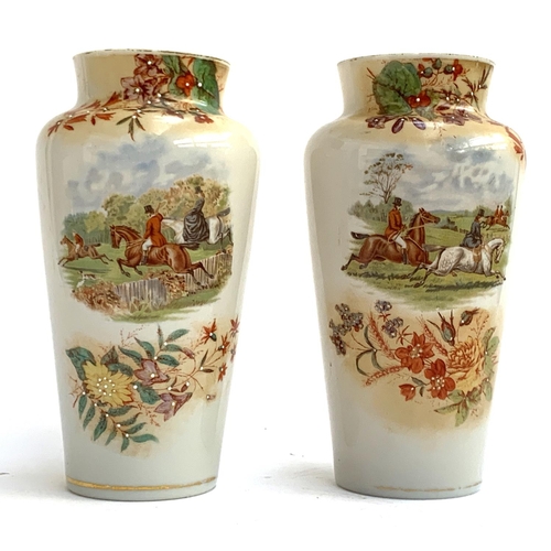 144 - A pair of late 19th century glass vases decorated with transfer hunt scenes 25.5cmH