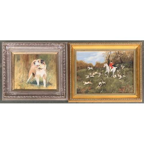 297 - Oil on canvas, huntsman and hounds, signed Linda White, 29x39cm; together with a portrait of a terri... 