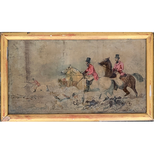 173 - An early 19th century pen and colour wash study of huntsman, hounds, and followers, 17x30cm