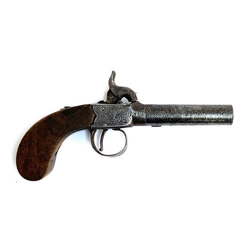 345 - A small pinfire pistol, the engraved side plate marked London, with screw fit barrel, 19cm long over... 