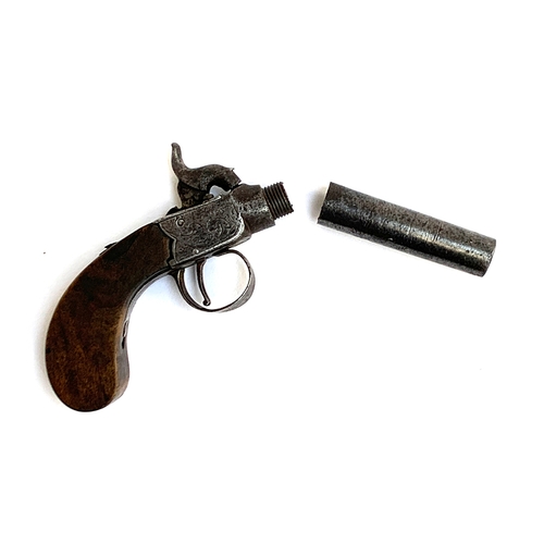 345 - A small pinfire pistol, the engraved side plate marked London, with screw fit barrel, 19cm long over... 