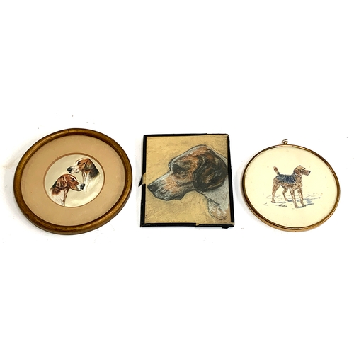 139 - A painting on silk depicting two hounds, 9.5cm diameter; a charcoal and crayon hound study mongramme... 