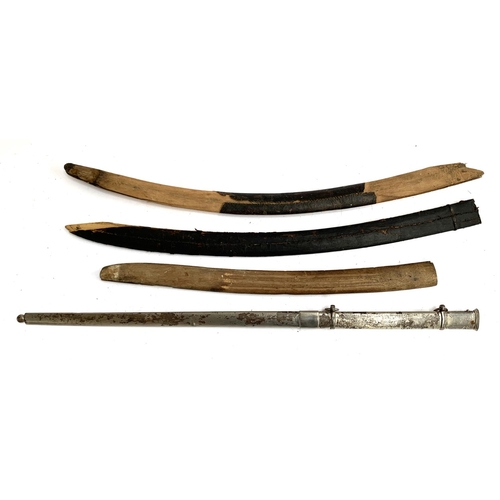 694 - A steel sword scabbard, approx. 85.5cmL, together with 3 other scabbards (af)