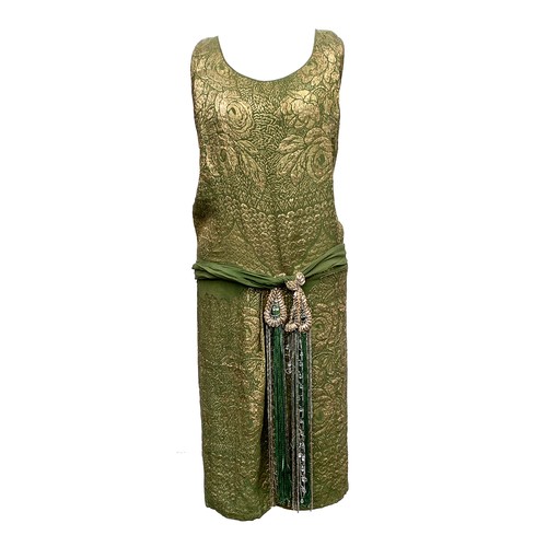 770 - A 1920's green silk and gold metallic embroidered thread flapper dress with attached tie belt compri...