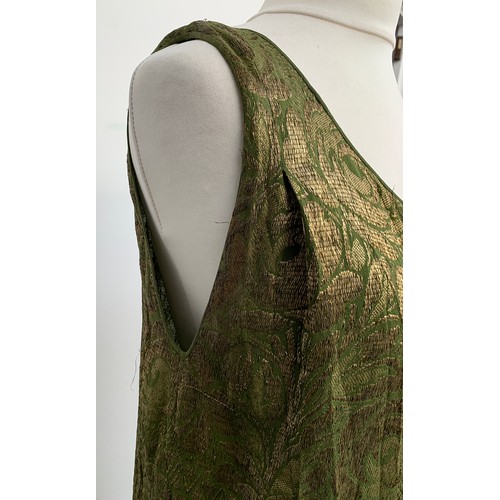 770 - A 1920's green silk and gold metallic embroidered thread flapper dress with attached tie belt compri... 