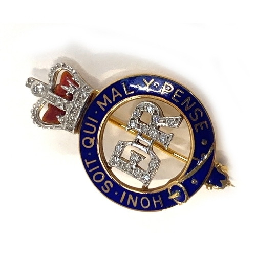 6 - A 9ct gold, diamond and enamel Royal Horse Guards regimental brooch, bearing the motto 'HONI SOIT QU... 