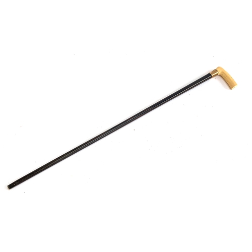 79 - A 19th century ebony walking cane with bone handle, gold collar engraved 'TW from CJR', 90cm long