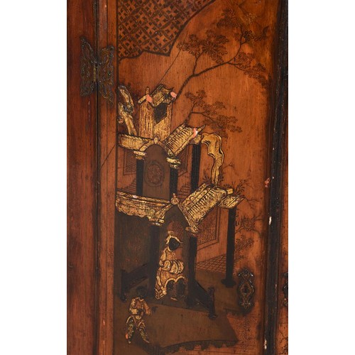 625 - A black japanned bowfront hanging corner cabinet, 18th century, painted in gilt with pavilions and f... 