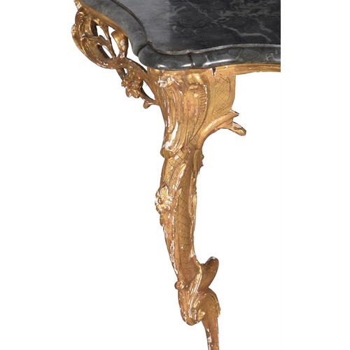 623 - A mid 18th century giltwood and marble topped console table, 80cm high, 66cm wide, 34cm deep