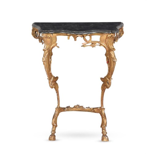 623 - A mid 18th century giltwood and marble topped console table, 80cm high, 66cm wide, 34cm deep