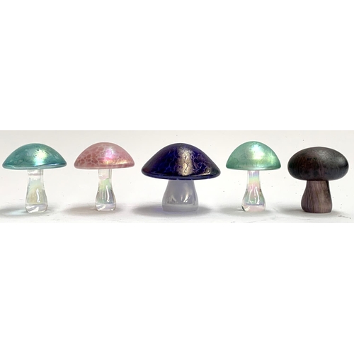 72 - Five iridescent art glass toadstools, to include Isle of Wight, the widest by Langham Glass, 7.5cmW