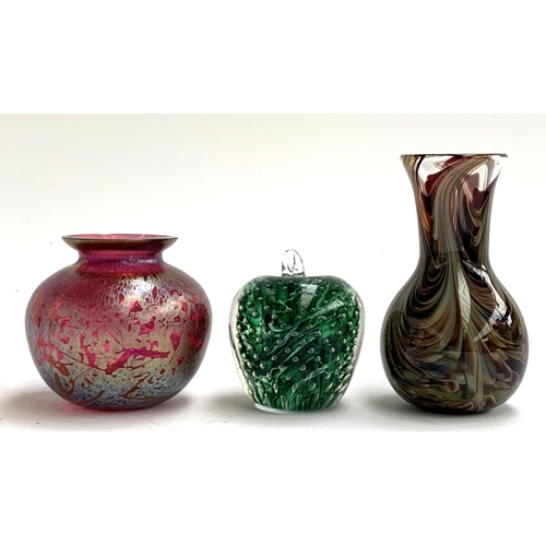 74 - A Studio Lakeland bubbleglass paperweight; an Adrian Sankey vase, 13.5cmH; and one other pink irides... 