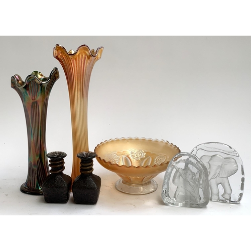 77 - Several carnival glass vases and bowl, the taller vase 34cmH; two pressed glass plaques depicting el... 