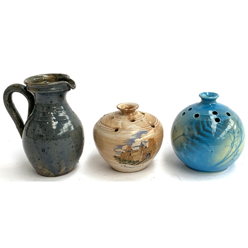 97 - A turquoise J.F. Orsini faience vase, 15cmH; together with Baudet jug and Carcasonne vase