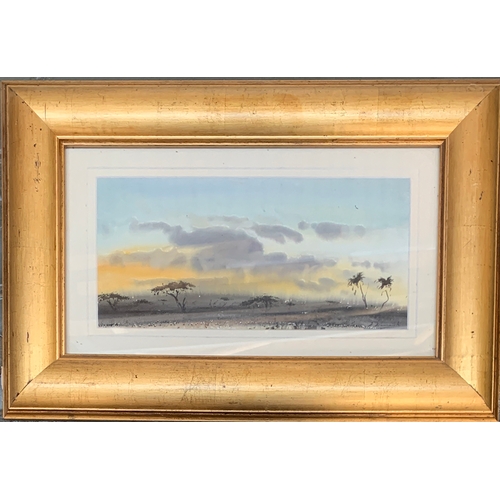 593 - Jeremy Hammick, watercolour, African sunset, 15x31cm, signed lower right, with dedication by the art... 