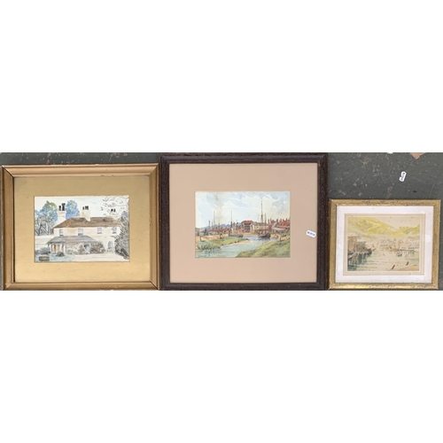 596 - An early 20th century watercolour of boats in an estuary, 16.5x24.5cm, together with a painting of W... 