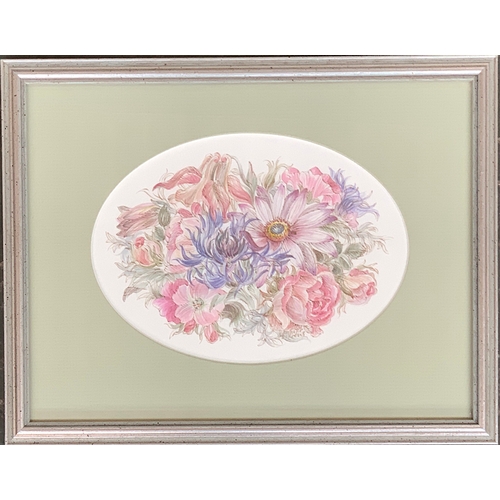 597 - Jennifer Andrews, 1935 - 2021, Pink & Blue Posy, signed lr.rt., watercolour, 13 x 17.5cm