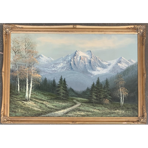 601 - Oil on canvas, Alpine scene, signed Geoffery, 59.5x90cm