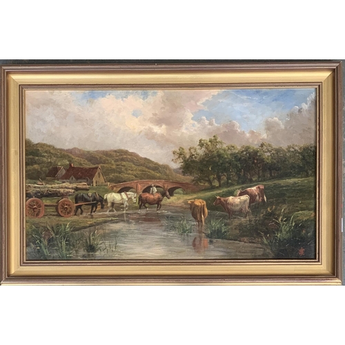 603 - 19th century British, cart houses crosses a ford, monogrammed lower right, 29x50cm