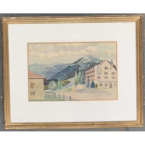 606 - 20th century watercolour of an Alpine lodge, unsigned, 27.5x42.5cm