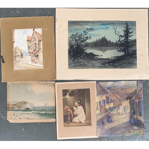 608 - A number of pictures and prints to include a small early 20th century watercolour of a Tudor street,... 