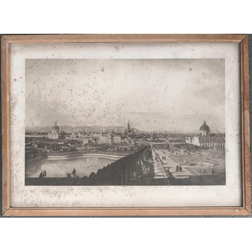 616 - 19th century black and white print, view of a European town, 32.5x51.5cm