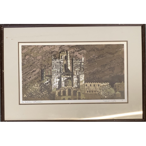 620 - Norman Wade, Durham Cathedral, colour print, signed and numbered 10/100, dated 1973, 23x43cm