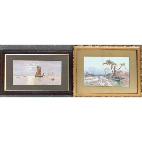 625 - G L Wadsworth, gaff rigged sailing boat with tall ships in background, and on other similar, signed ... 