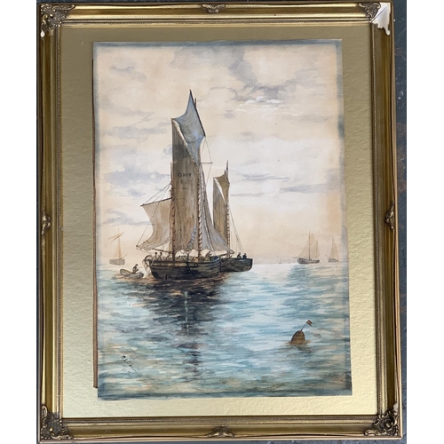 625 - G L Wadsworth, gaff rigged sailing boat with tall ships in background, and on other similar, signed ... 