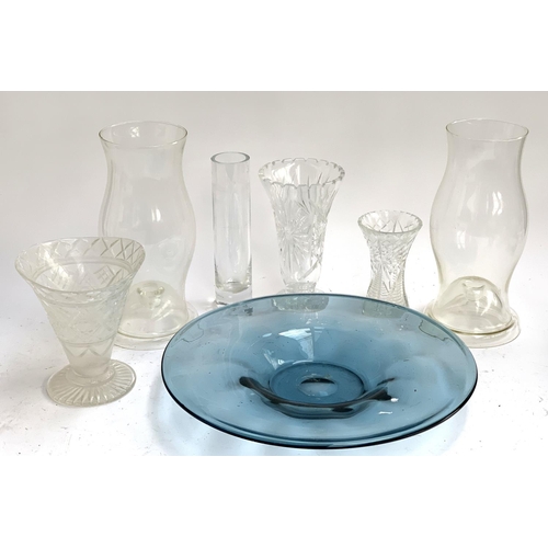 105 - An art glass charger, 42cmD; together with two glass candlesticks with chimneys, 31cmH; and several ... 