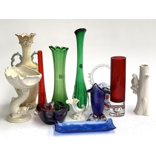 116 - A mixed lot to include Royal Worcester Blanc de Chine cornucopia, coloured glass vases, dolphin vase... 