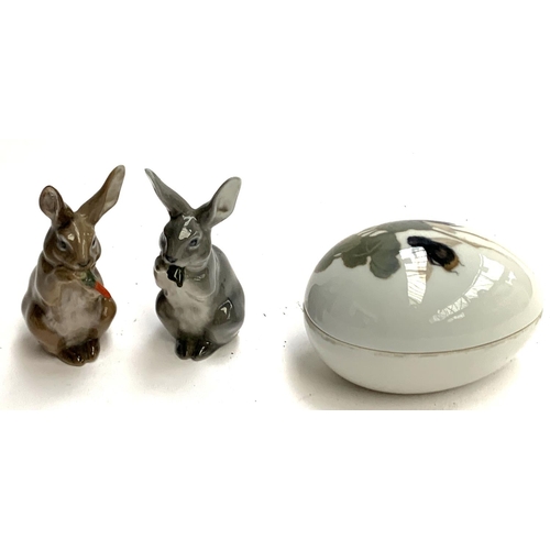 133 - A pair of Royal Copenhagen rabbits, each 9cmH; together with a Royal Copenhagen egg shaped trinket p... 