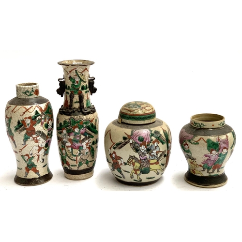 135 - A lot of four Chinese famille verte crackle glaze items, comprising a ginger jar and three vases, th... 