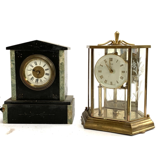 49 - Four mantel clocks, to include a French slate clock; a Kundo clock in glass case; a french style gil... 