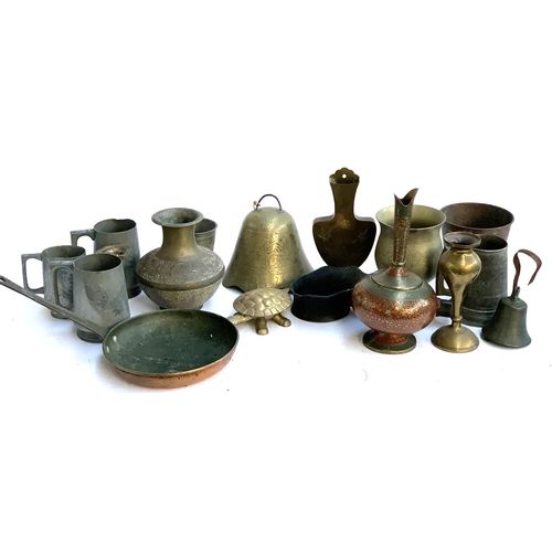 285 - A mixed lot of metal items to include Eastern enamel and brass vase, 26cmH; copper frying pan; bell;... 