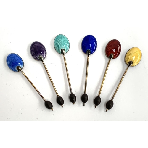 25 - A cased set of six George V silver and guilloche enamel bean terminal coffee spoons, William Sucklin... 