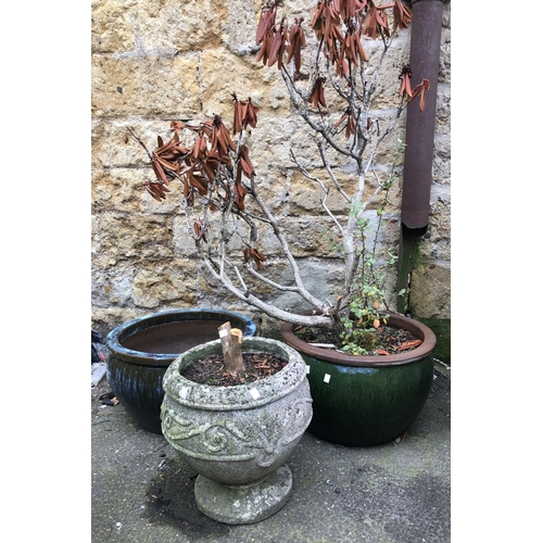 942 - Two large glazed planters, 51cmD together with a composite stone planter, 32cmD