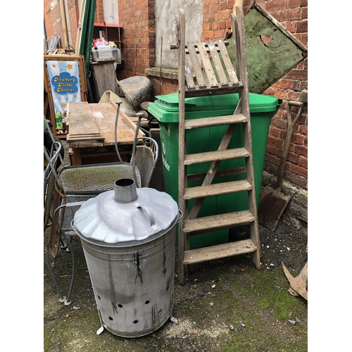 967 - A vintage folding stepladder, together with a galvanised composting bin