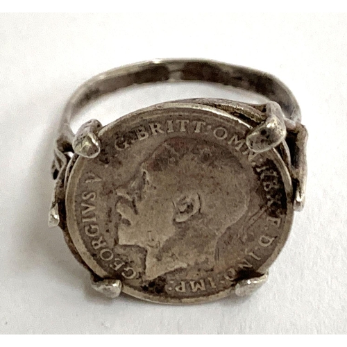 3 - A silver ring set with a 1911 George V maundy threepence, size L