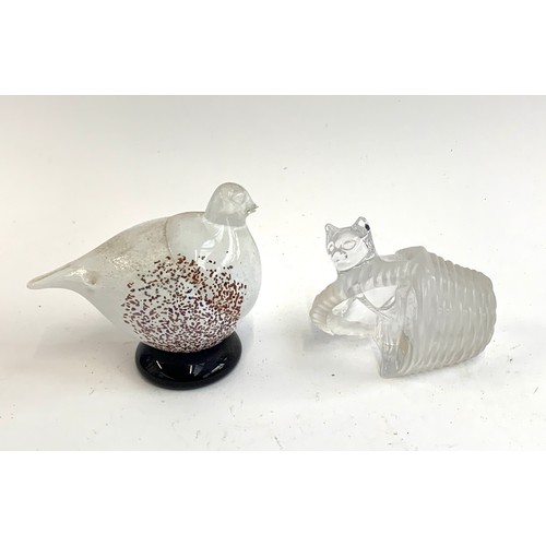 129A - A Sevres France crystal figure of a cat in a basket, 8cmH; together with an art glass figure of a bi... 