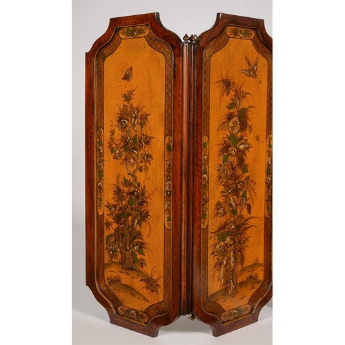 715 - A mahogany and polychrome lacquer three fold screen, late 19th or early 20th century, each panel wit... 