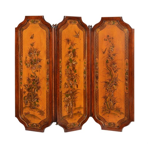 715 - A mahogany and polychrome lacquer three fold screen, late 19th or early 20th century, each panel wit... 